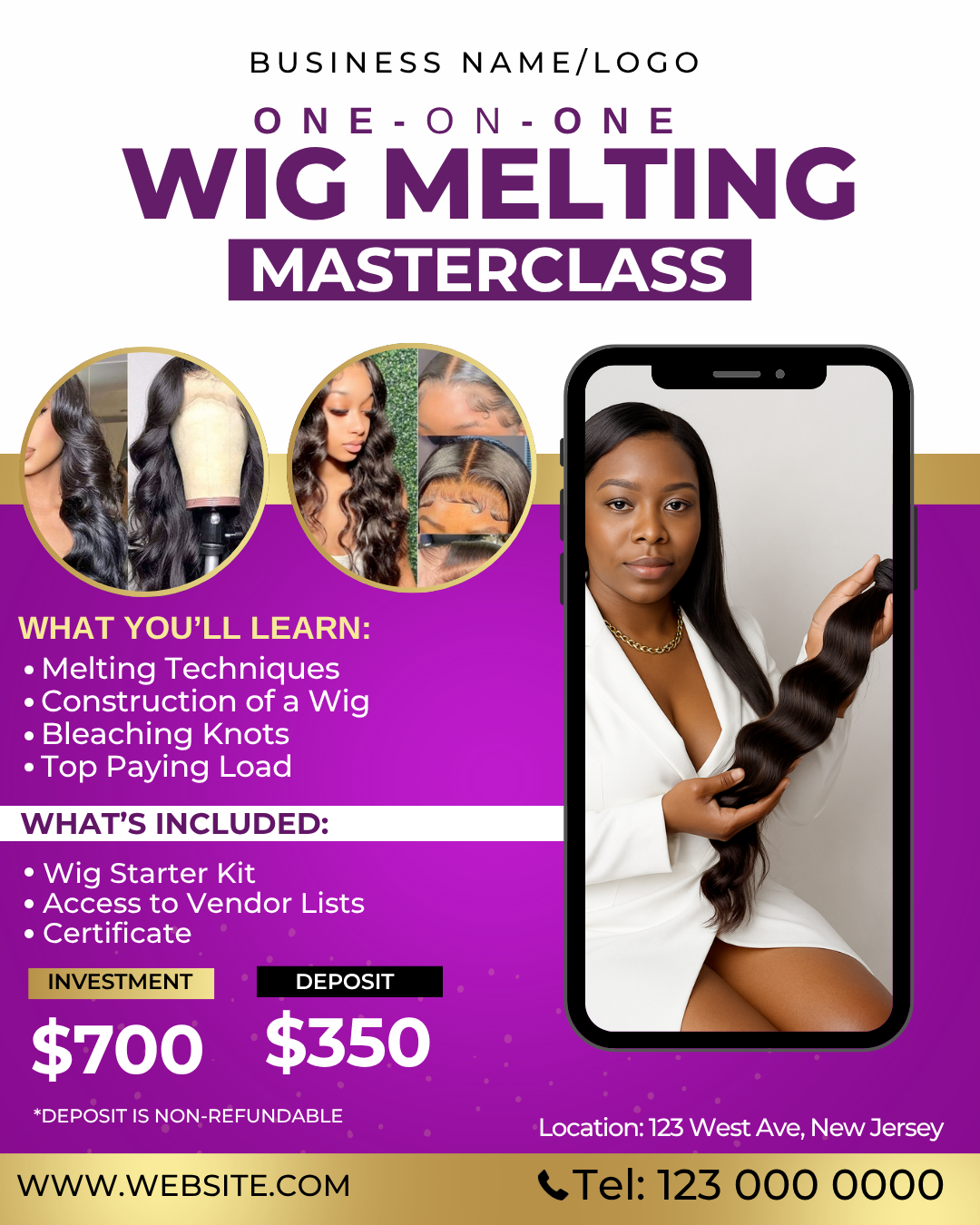 Wig Masterclass Flyer Template | 1350px x 1080px Editable Canva Hair Class Promo