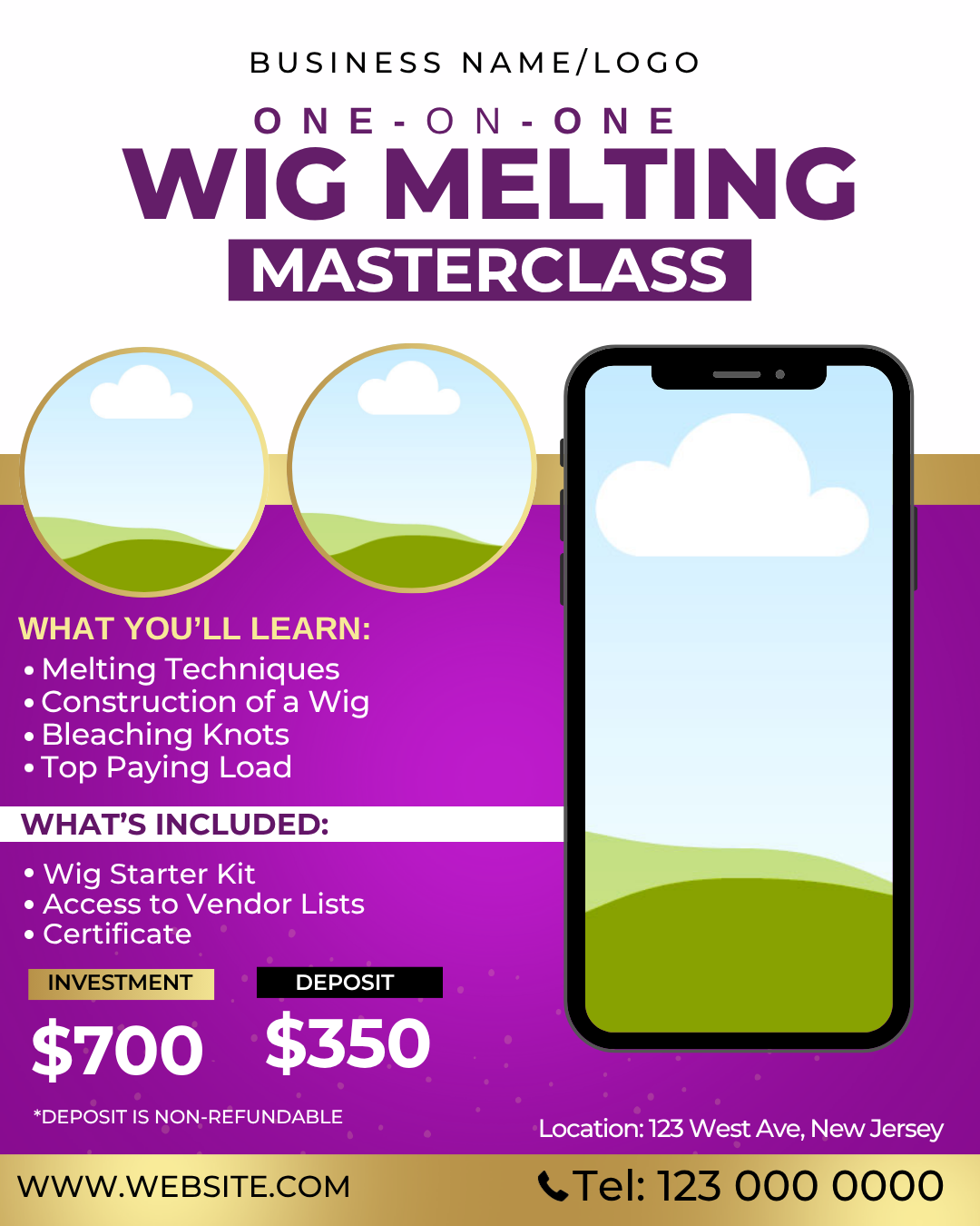 Wig Masterclass Flyer Template | 1350px x 1080px Editable Canva Hair Class Promo