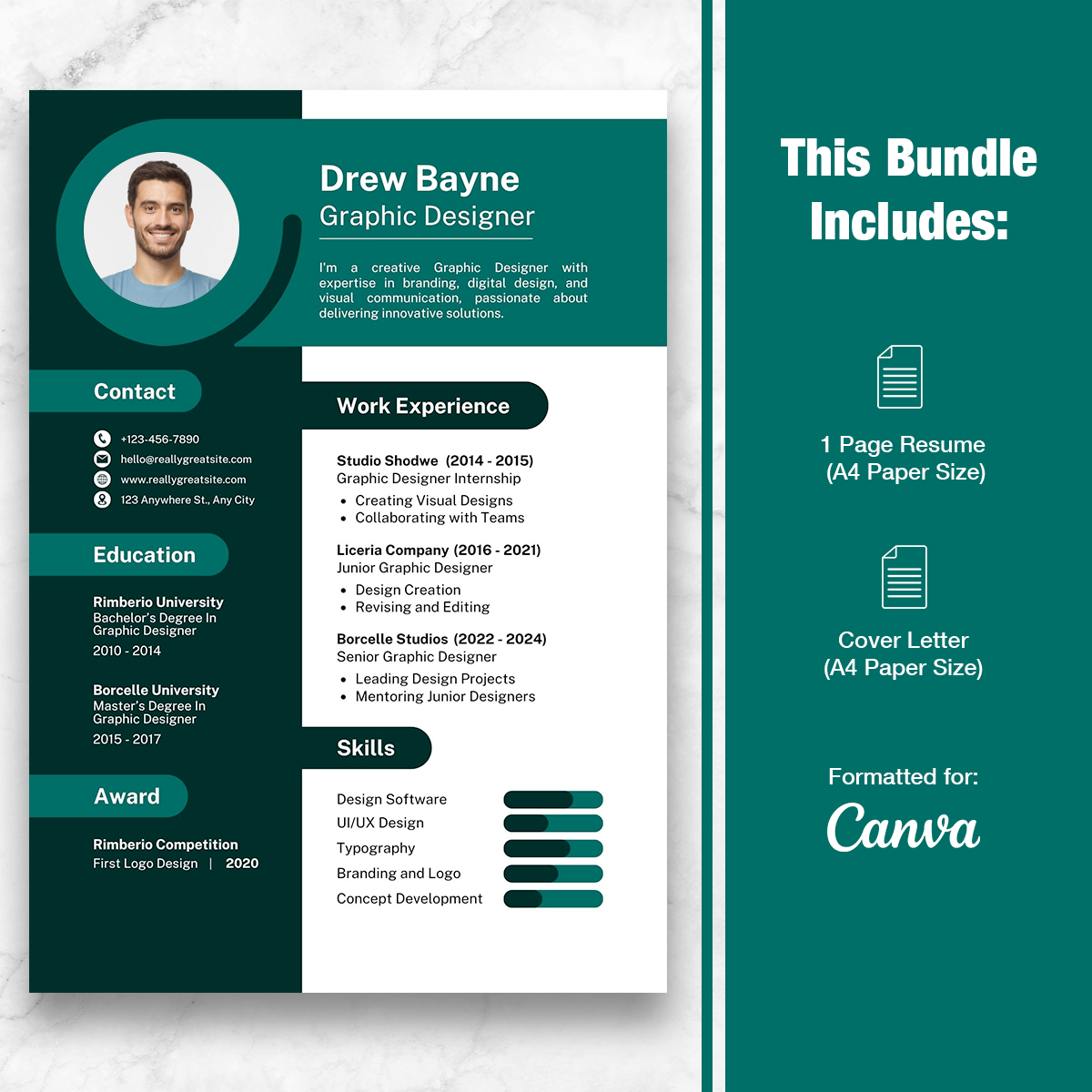 Graphic Designer 1 Page Resume Template + Cover Letter (Canva)