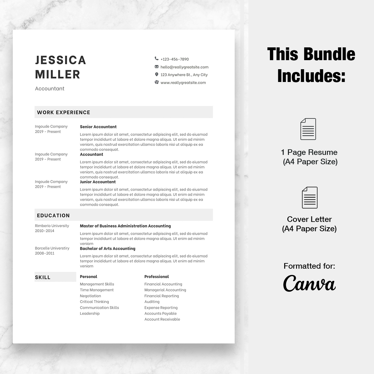 Accountant 1 Page Resume Template + Cover Letter (Canva)
