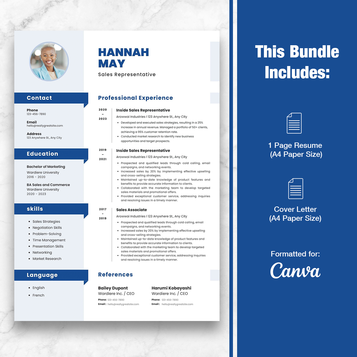 Sales Professional 1 Page Resume Template + Cover Letter (Canva)