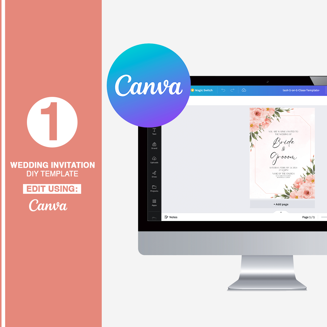 1 Elegant Pink Floral Wedding Invitation 5"x7"(Canva)