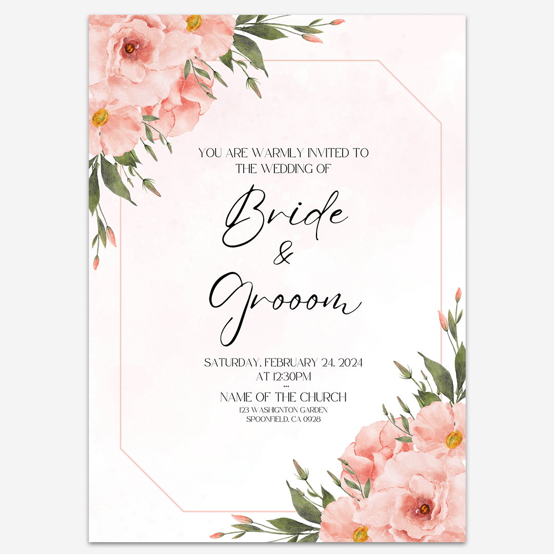 1 Elegant Pink Floral Wedding Invitation 5"x7"(Canva)