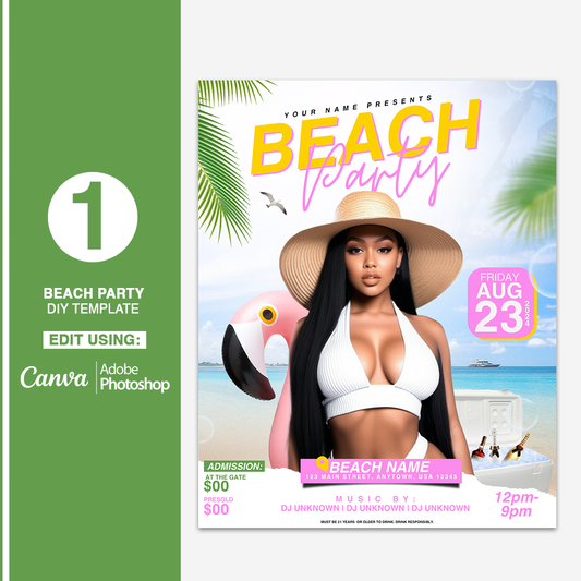 1 Beach Party | Summer Party  DIY Flyer template 4" x 5" (Canva/Photoshop)