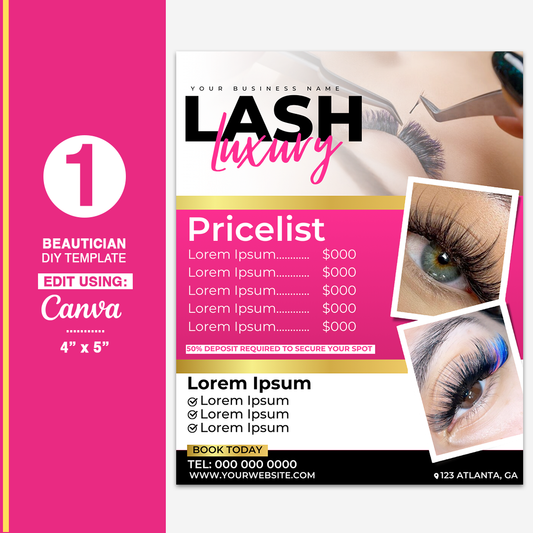 1 Lash Tech Pricelist | Beautician DIY Flyer Template 4" x 5" (Canva)