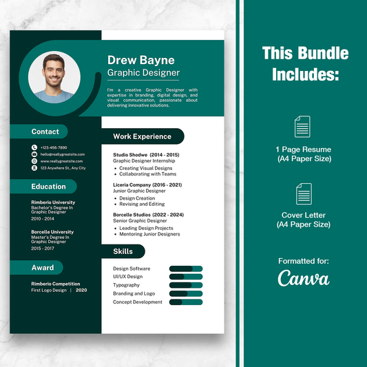 Graphic Designer 1 Page Resume Template + Cover Letter (Canva)