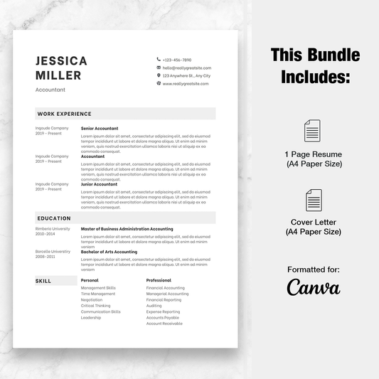 Accountant 1 Page Resume Template + Cover Letter (Canva)