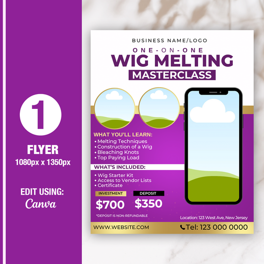 Wig Masterclass Flyer Template | 1350px x 1080px Editable Canva Hair Class Promo