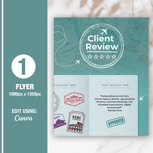 Travel Agent Client Review Flyer Template | 1350px x 1080 px Canva Design