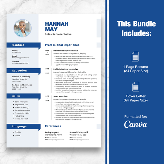 Sales Professional 1 Page Resume Template + Cover Letter (Canva)