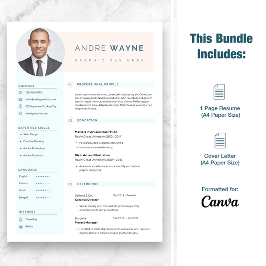 Creative Professional 1 Page Resume Template + Cover Letter (Canva)