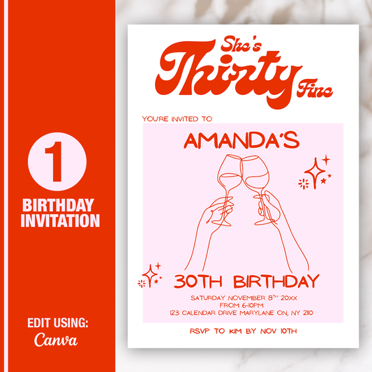 She's Thirty Fine Birthday Invitation Template | Editable 5x7 Canva Invite