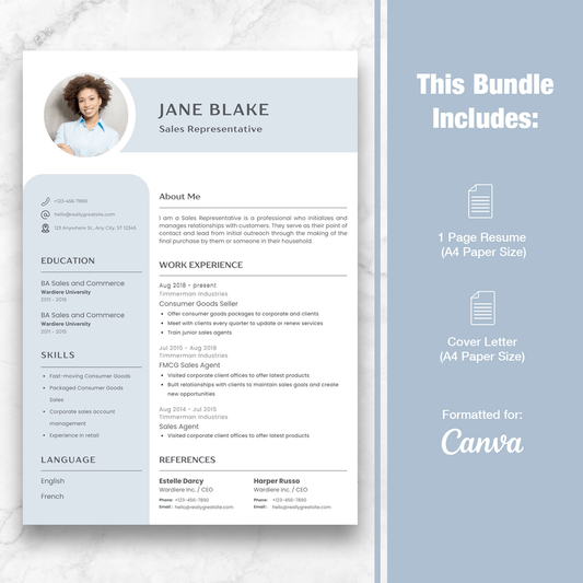 Sales Representative 1 Page Resume Template + Cover Letter (Canva)