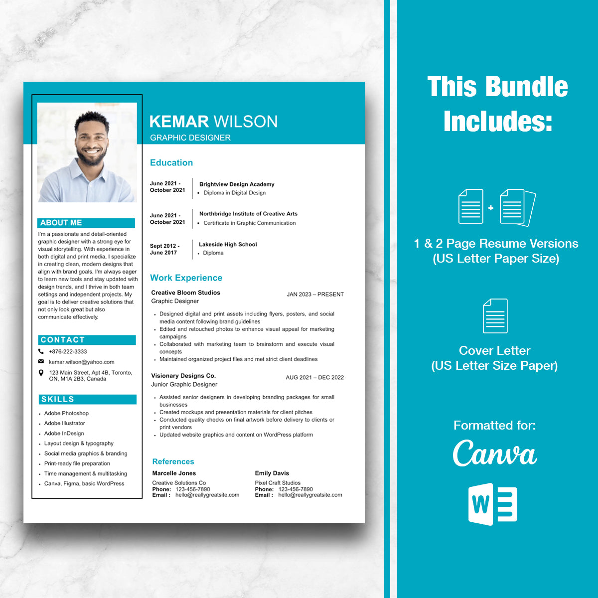 Modern CV Template – Teal Blue Professional Resume for Word & Canva