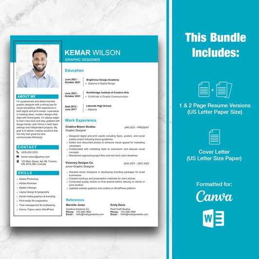 Modern CV Template – Teal Blue Professional Resume for Word & Canva