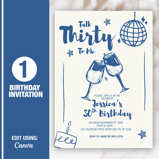 Talk Thirty to Me Birthday Invitation Template | Editable 5x7 Canva Invite