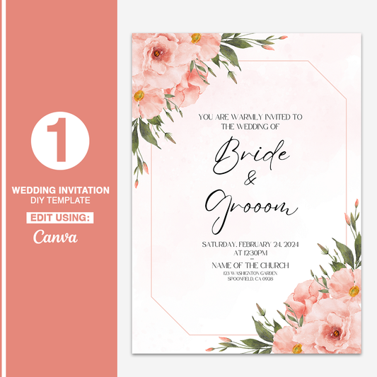 1 Elegant Pink Floral Wedding Invitation 5"x7"(Canva)